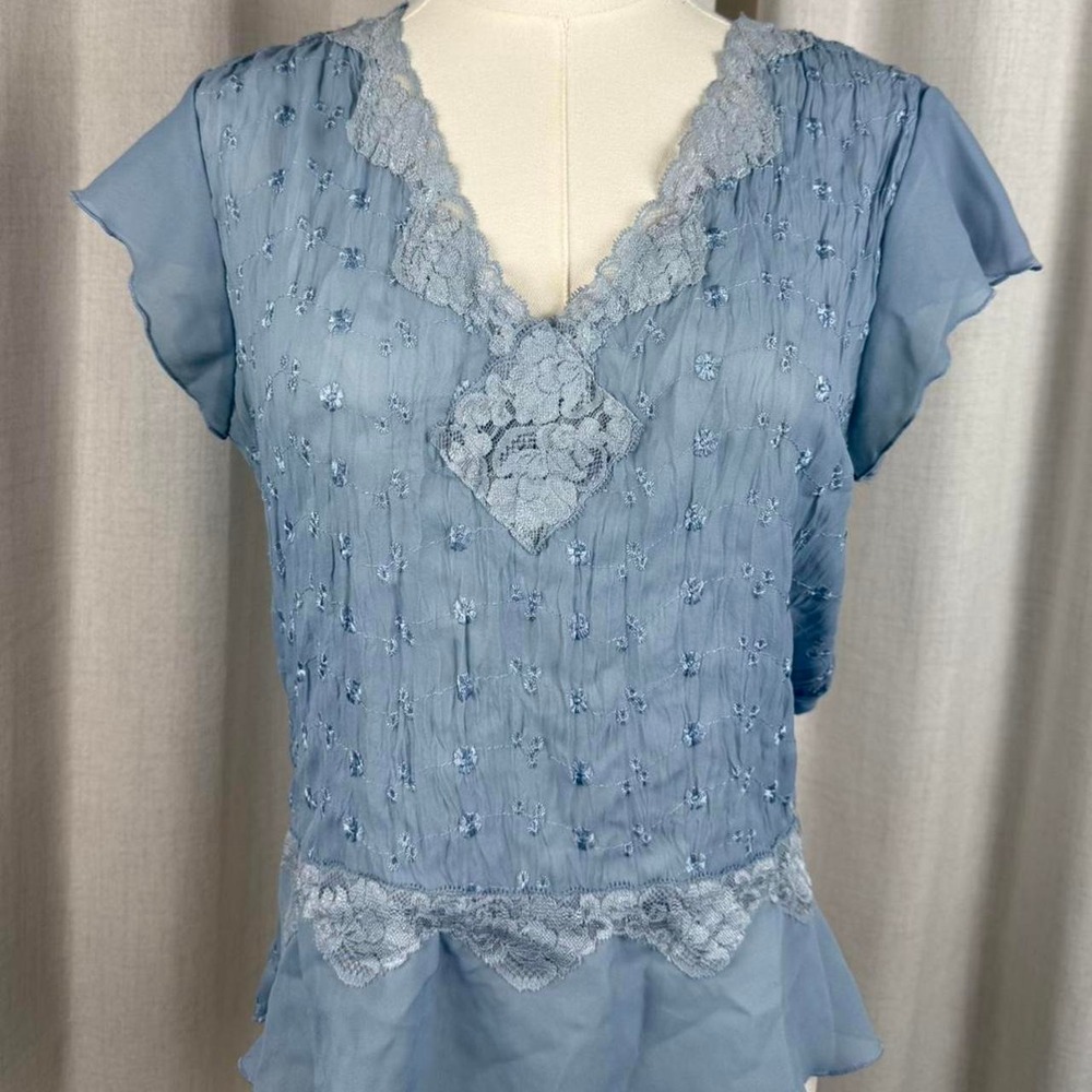 Sunny Taylor Vintage Blue Lace Blouse Ruffle Hem Fairy Cottagecore Top Small